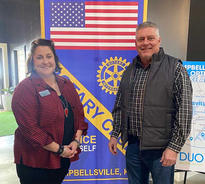 campbellsville rotary meeting Sherry Selby with Allan Gaddis of GADDCO Group