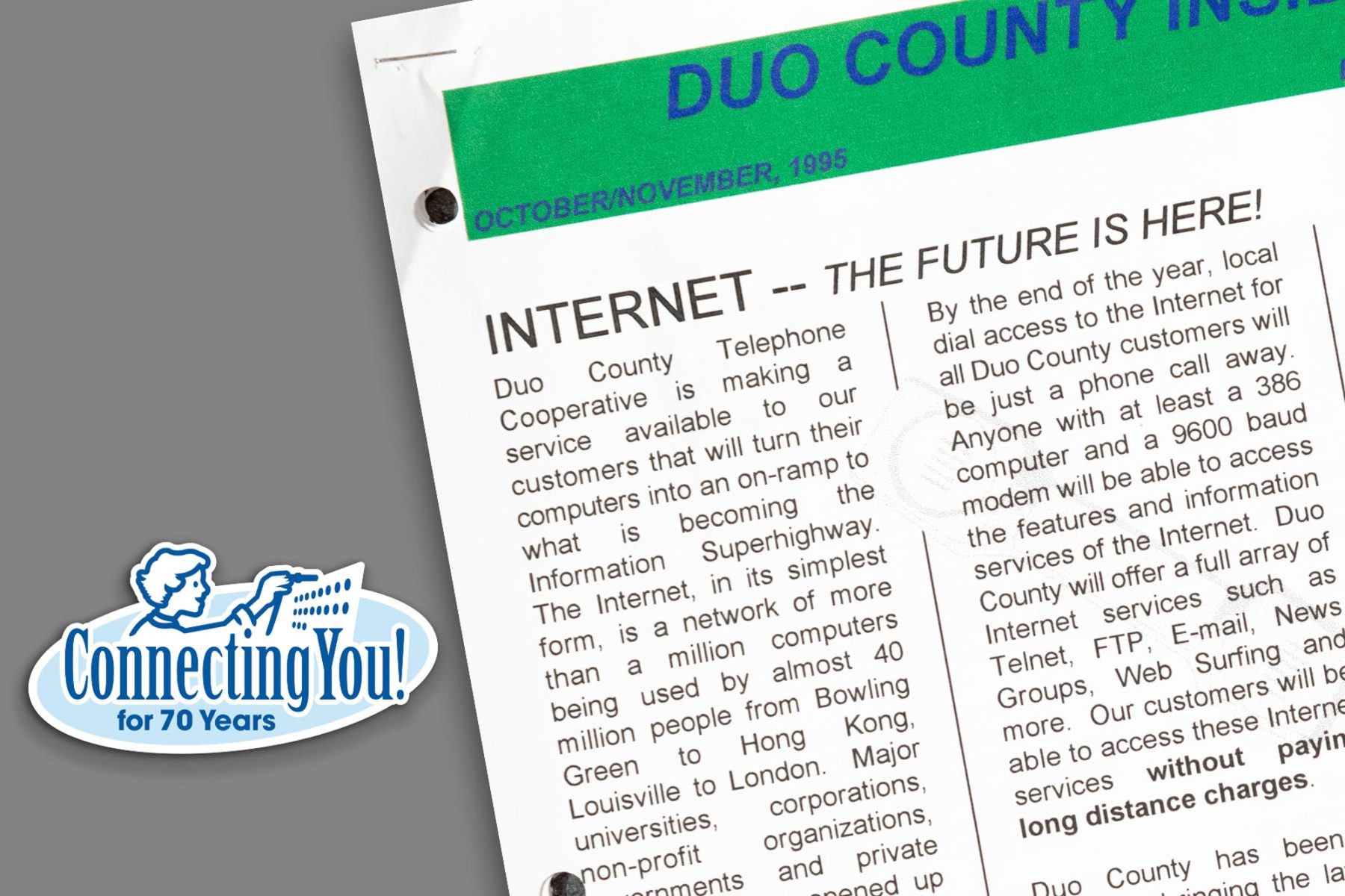 Detail of a newsletter clipping and DUO Broadband's "Connecting You for 70 years" logo