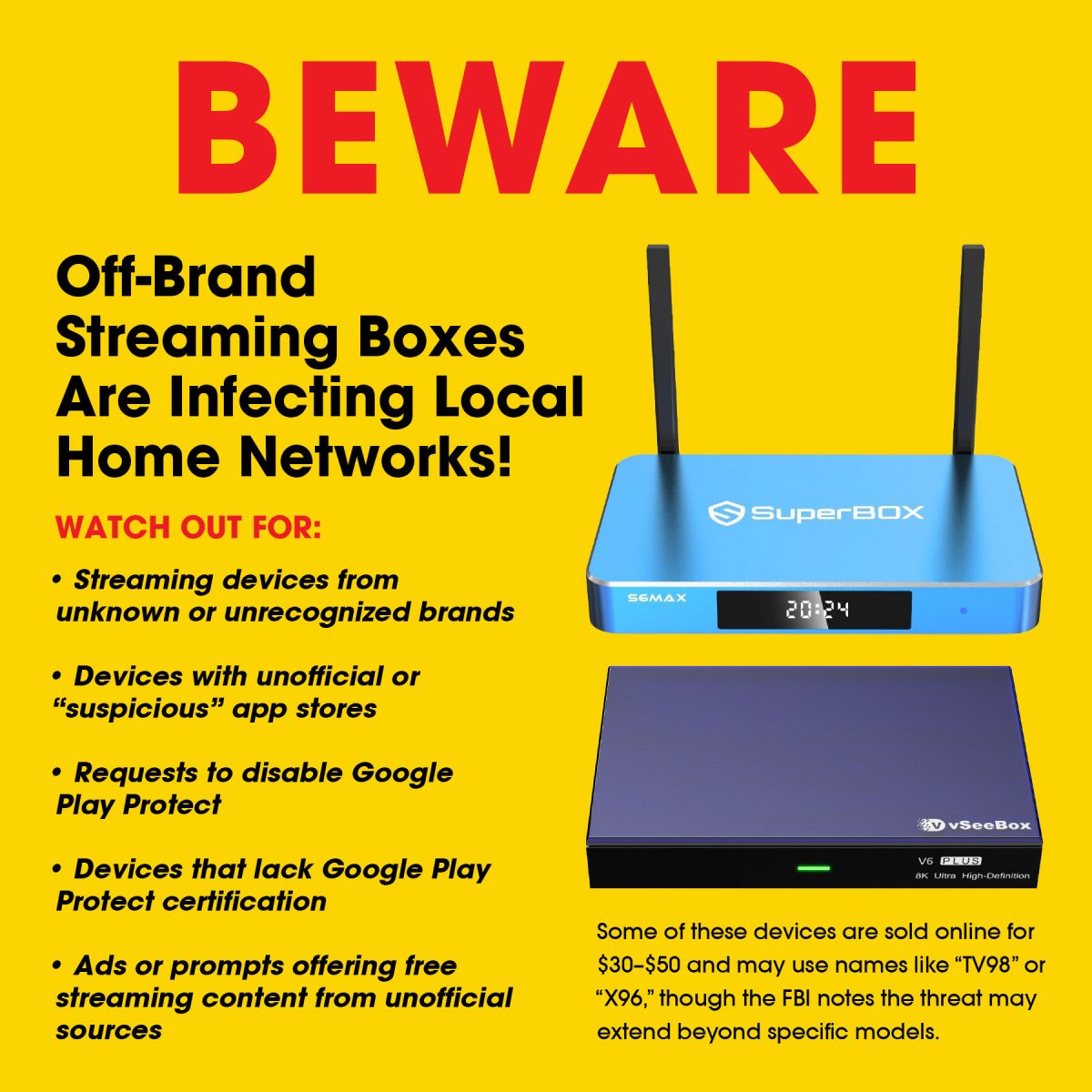 Off-Brand Streaming Boxes Are Indfecting Local Home Netowrks, with images of two example streaming boxes.